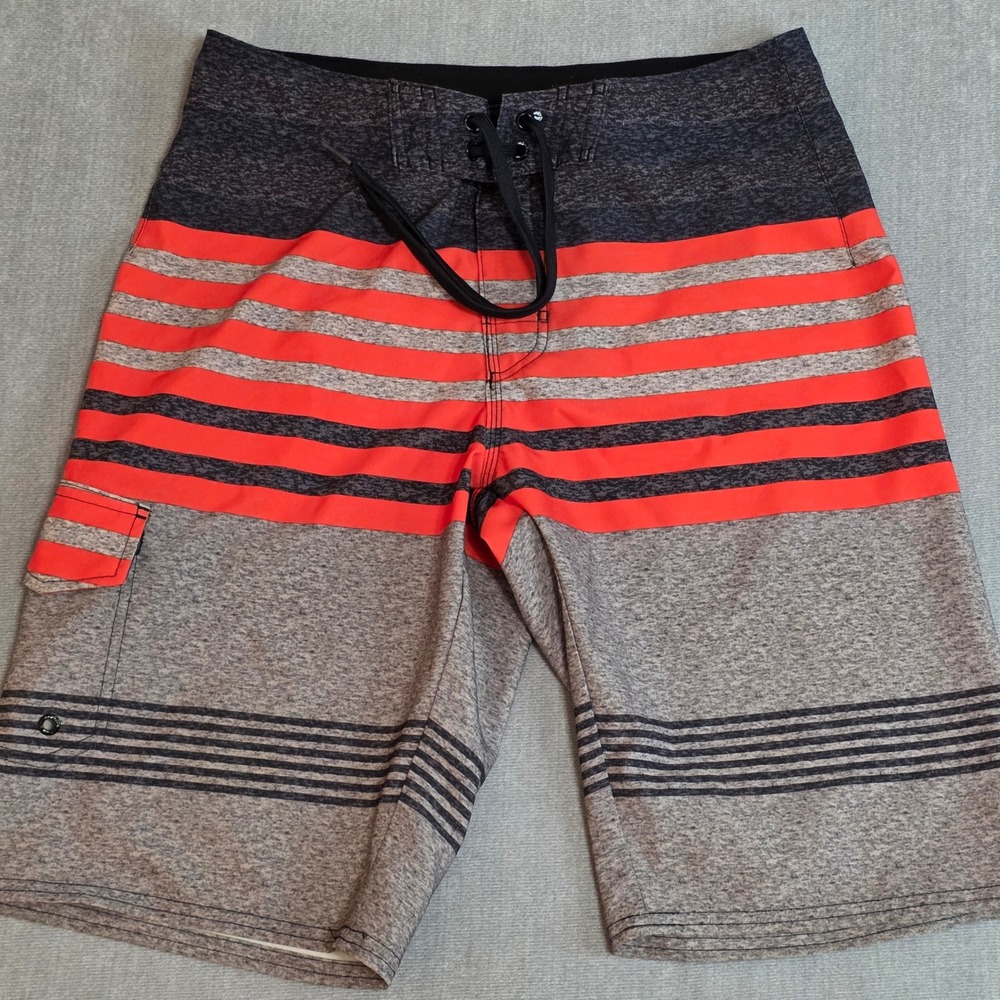 Hang Ten Board Shorts Mens 30 Grey Orange Striped Surf Swim Trunks Cargo Pocket‎